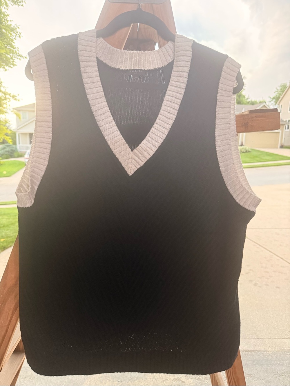 Talbots Black V-Neck Sleeveless Sweater Vest with Cream Trim